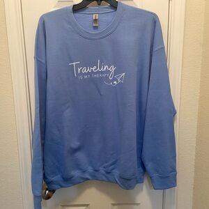Traveling is my Therapy light blue 2xl pullover crew neck sweatshirt nwot